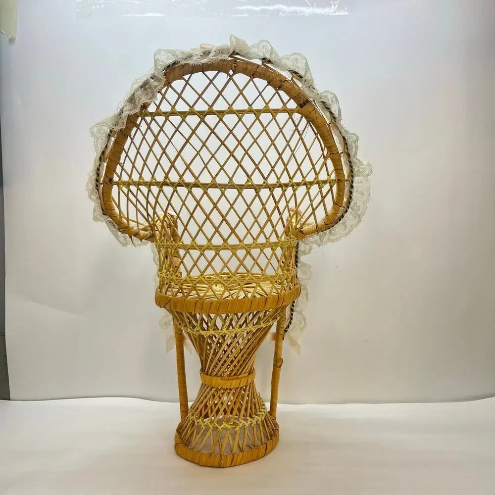 vtg peacock chair doll size lace bow trim wicker‎ plant stand cottagecore boho